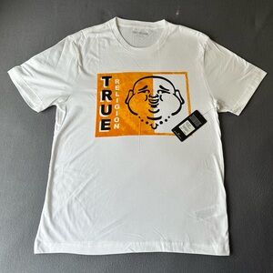 NWT TRUE RELIGION Men's White/Orange Graphic Crewneck Short Sleeve T-Shirt SZ L